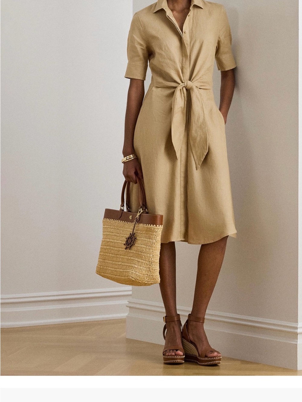 Lauren Ralph Lauren Tan Tie-Front Midi Shirt Dress